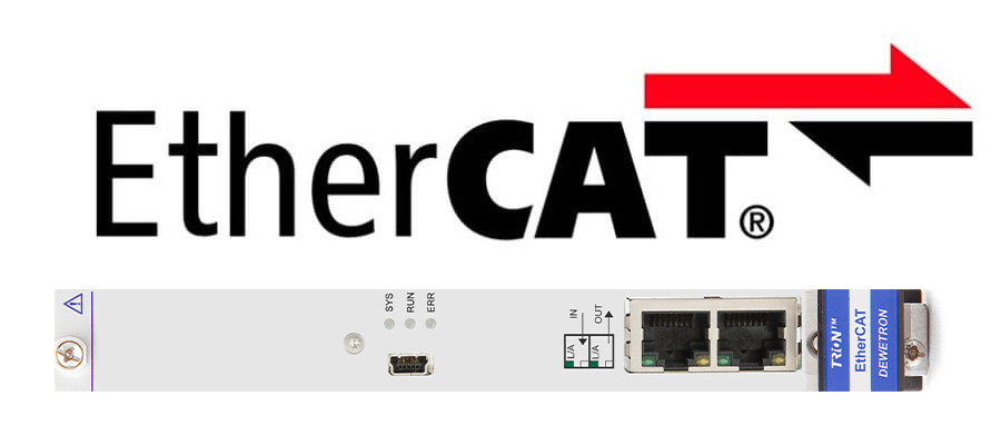 Logo EtherCAT et module TRION-EtherCAT-1-SLAVE de DEWETRON, avec ses voyants d’état SYS, RUN et ERR et ses ports Ethernet IN et OUT.