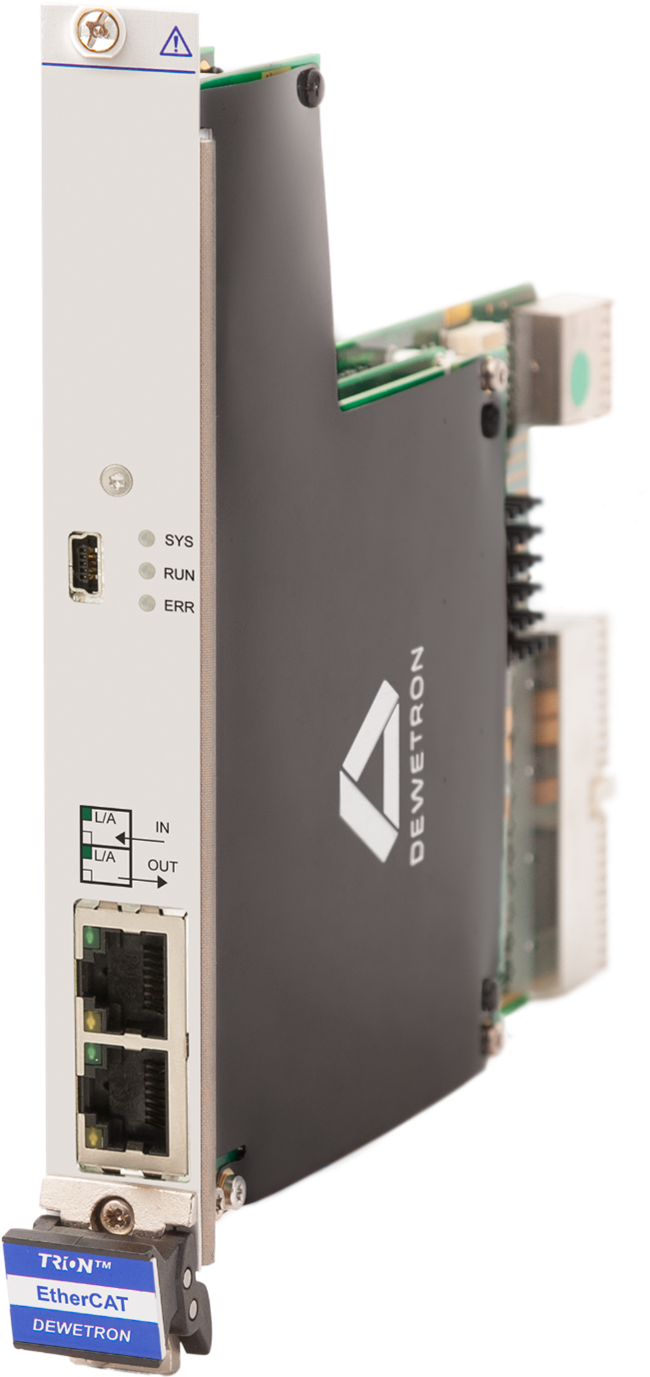 Module TRION-EtherCAT DEWETRON avec ports et voyants en façade, indiquant l’état système, la marche et l’erreur. Des ports Ethernet et un port USB sont visibles.