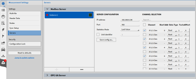 Interface informatique montrant les paramètres du serveur Modbus. L’écran affiche les détails de configuration du serveur, comme l’adresse IP et le port, ainsi qu’une liste de voies avec des cases à cocher pour la sélection et des informations de type de données.