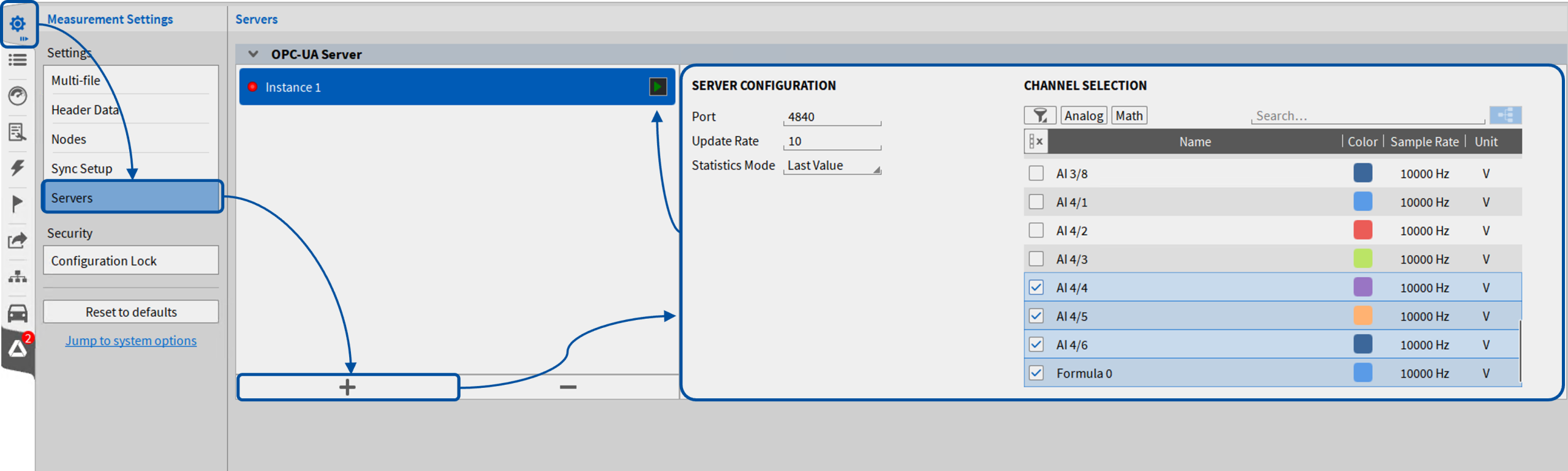 Interface logicielle montrant la configuration du serveur OPC UA, avec des sections pour la configuration du serveur, le numéro de port, la fréquence de mise à jour et un tableau de sélection des voies listant les voies analogiques et mathématiques, leurs noms, couleurs et fréquences d’échantillonnage.