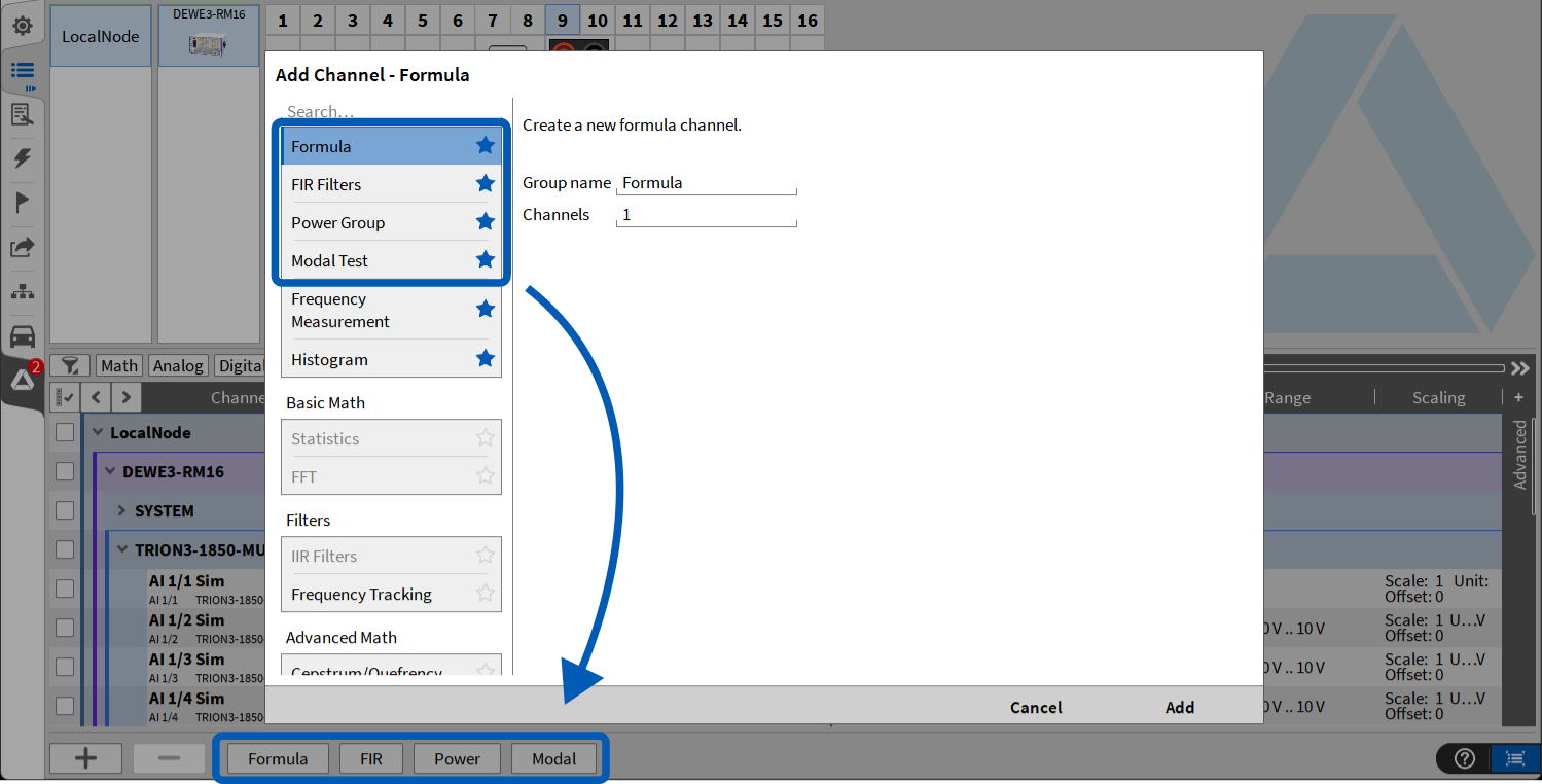 Capture d’écran d’une interface logicielle montrant la fenêtre Add Channel - Formula, avec des options de voies de formule à gauche et une ligne d’onglets mise en évidence en bas intitulée Formula, FR, Power et Modal.