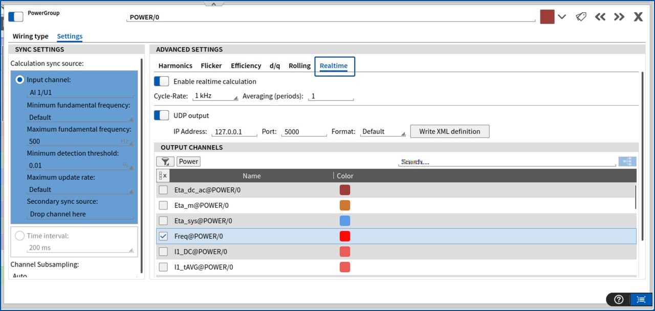 Une interface logicielle affiche des paramètres avancés d’analyse de puissance, avec des onglets pour les harmoniques, le flicker, le rendement, le d/q et le temps réel. Les voies de sortie avec leurs libellés, couleurs et cases à cocher sont listées dans la section inférieure.