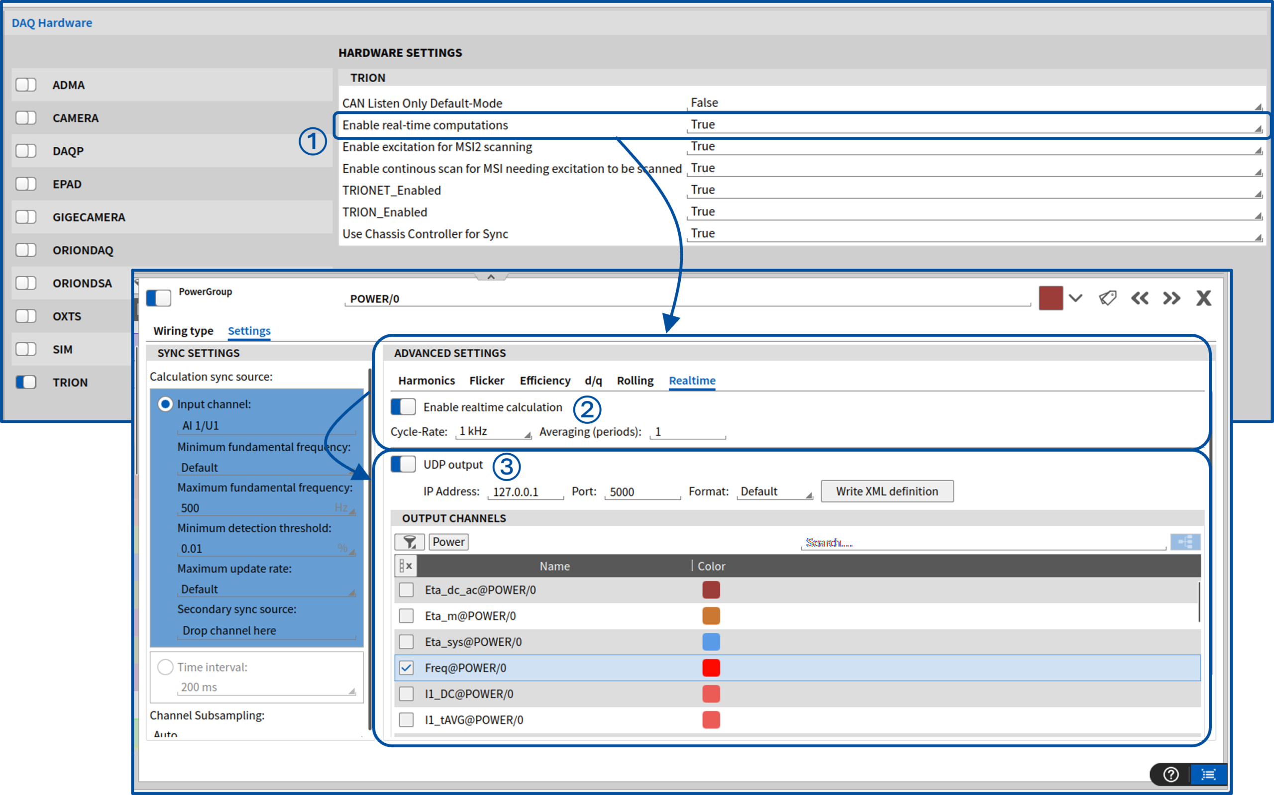 Capture d’écran des paramètres logiciels montrant les options de configuration matérielle en haut et les paramètres avancés détaillés en dessous, notamment les voies de sortie avec des blocs colorés et des paramètres configurables dans l’onglet Paramètres avancés.