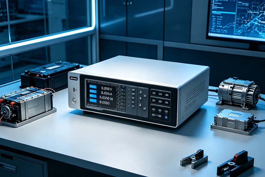 Analyseur de puissance triphasé sur un banc d’essai, entouré de modules de batterie et d’un moteur électrique