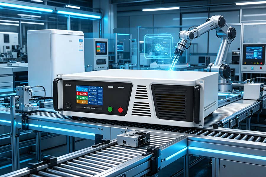 Source d’alimentation AC programmable en rack sur une ligne d’essai automatisée d’appareils électroménagers