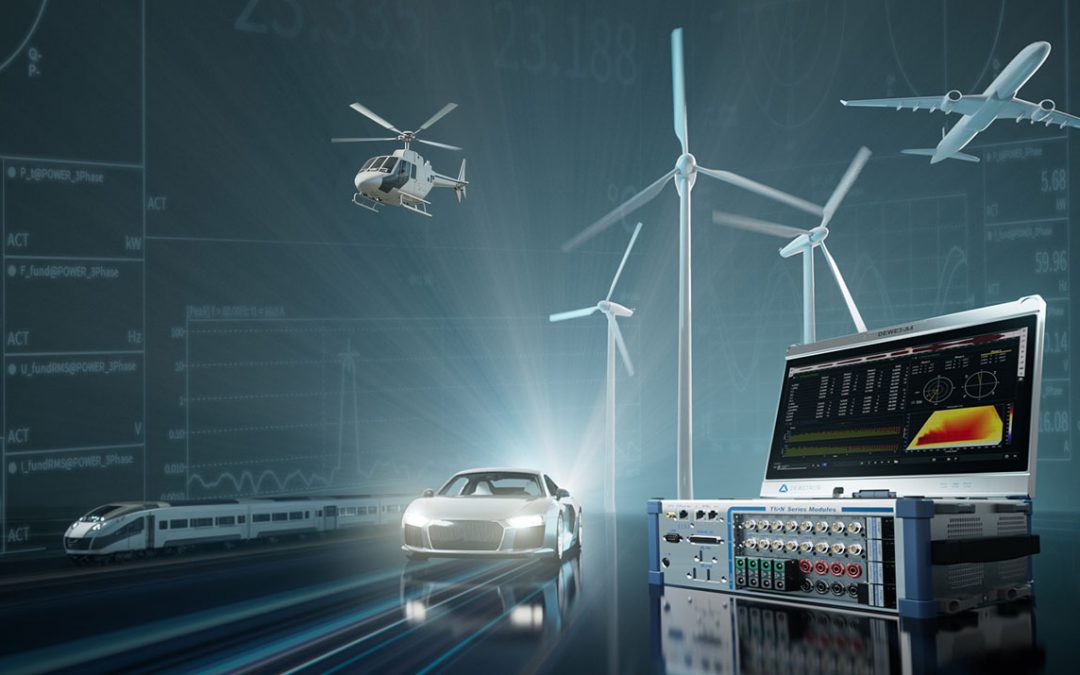 Système d’acquisition de données DEWETRON avec son logiciel OXYGEN, entouré des secteurs équipés : automobile, ferroviaire, aéronautique, hélicoptère, éolien et solaire