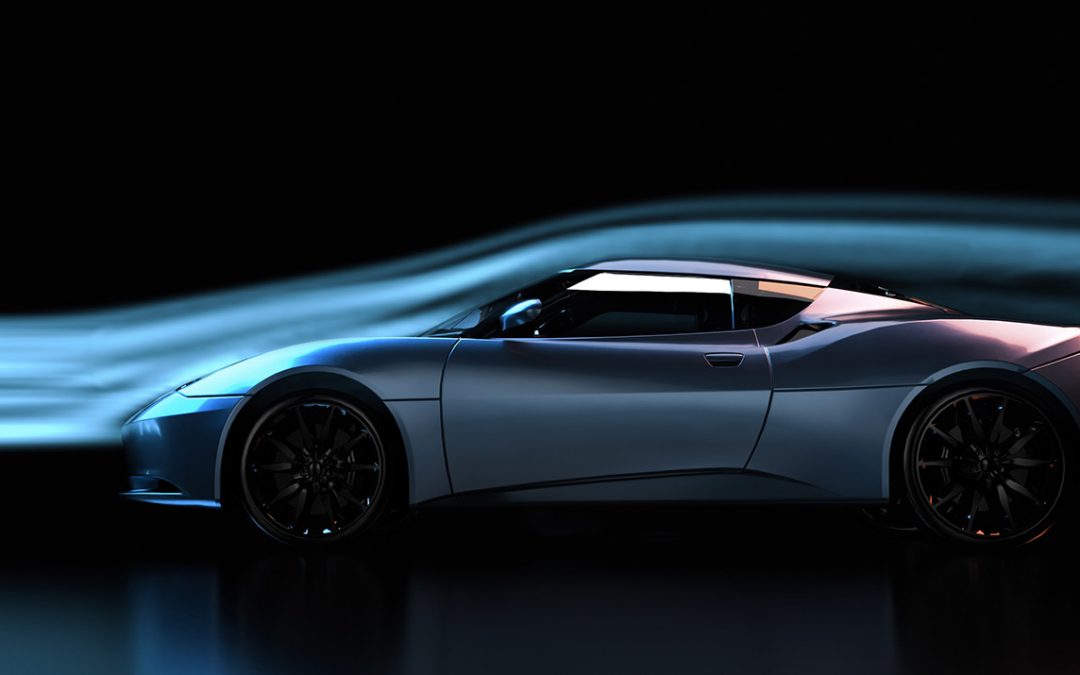 Voiture de sport en soufflerie, lignes de courant d’air visualisées le long de la carrosserie