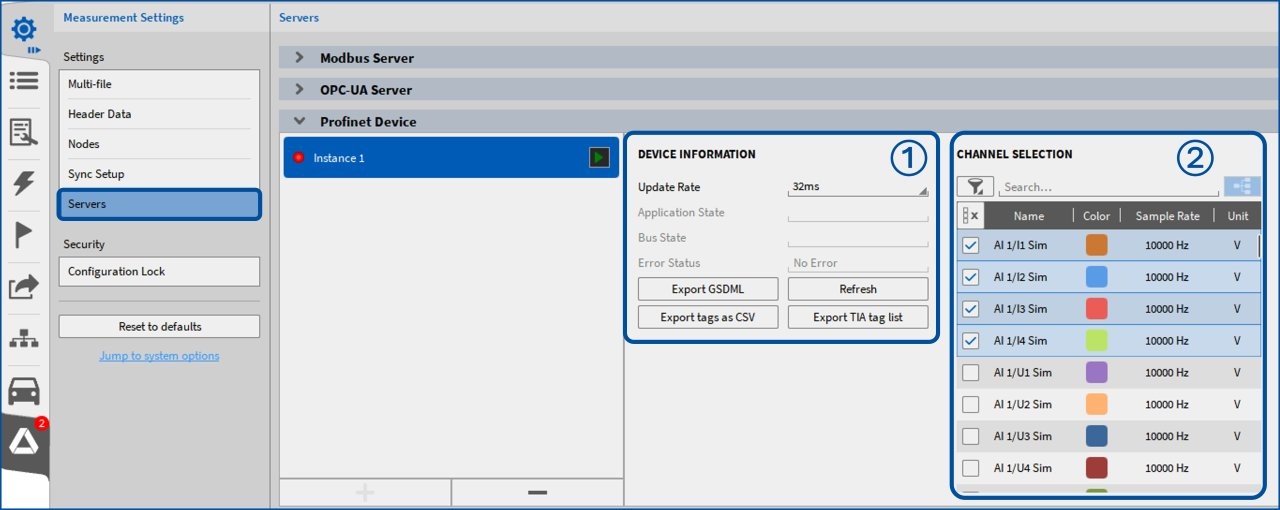 Menu Servers d’OXYGEN, section Profinet Device : ① Update Rate à 32 ms, états Application, Bus et Error, boutons Export GSDML, Export tags as CSV, Export TIA tag list et Refresh ; ② panneau Channel Selection avec les voies analogiques cochées, leur couleur, leur fréquence d’échantillonnage et leur unité.