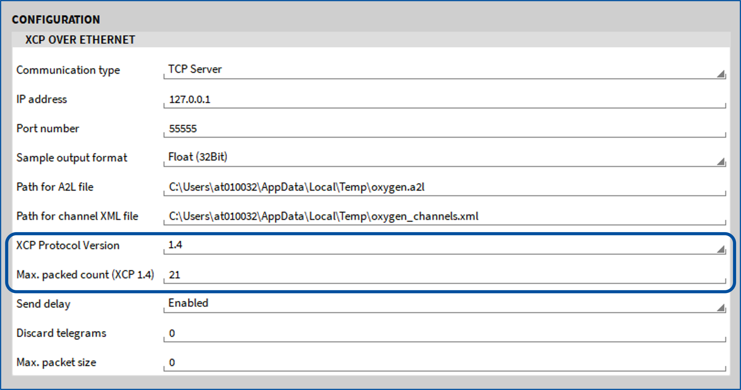 Panneau de configuration XCP over Ethernet dans OXYGEN : type de communication TCP Server, adresse IP, port 55555, format Float 32 bits, chemins des fichiers A2L et XML ; les champs XCP Protocol Version 1.4 et Max. packed count 21 sont encadrés.
