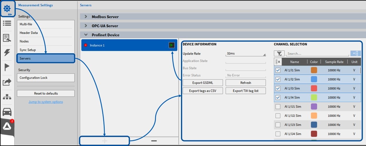 Capture d’écran d’OXYGEN, onglet Servers, section Profinet Device : instance créée, cadence de mise à jour de 32 ms, états Application, Bus et Error, boutons d’export GSDML et de liste de tags CSV / TIA, et sélection des voies à transmettre.