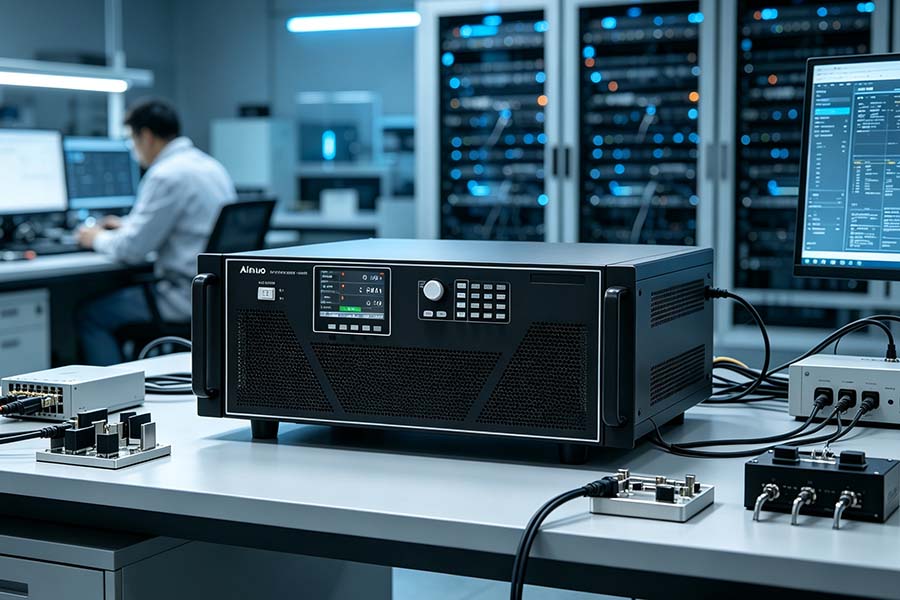 Charge électronique DC haute puissance Ainuo sur un banc d’essai, baies de serveurs de centre de données en arrière-plan