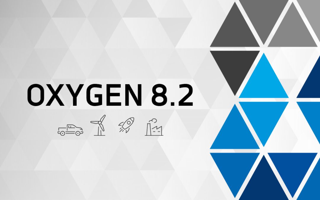 Bannière OXYGEN 8.2 de DEWETRON : fond géométrique gris et bleu, pictogrammes camion, éolienne, fusée et usine pour l'automobile, l'énergie, l'aérospatial et l'industrie